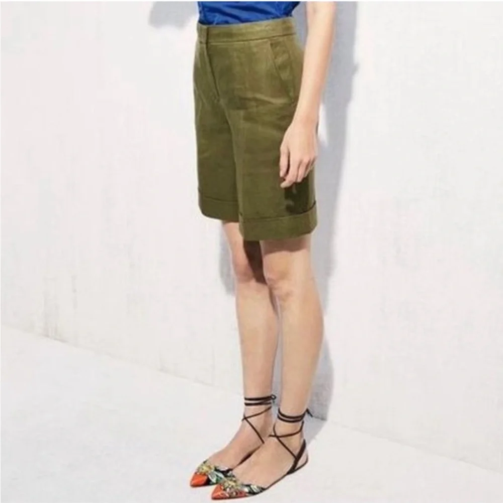 J. CREW Cuffed Linen Bermuda Shorts Olive Green - 4